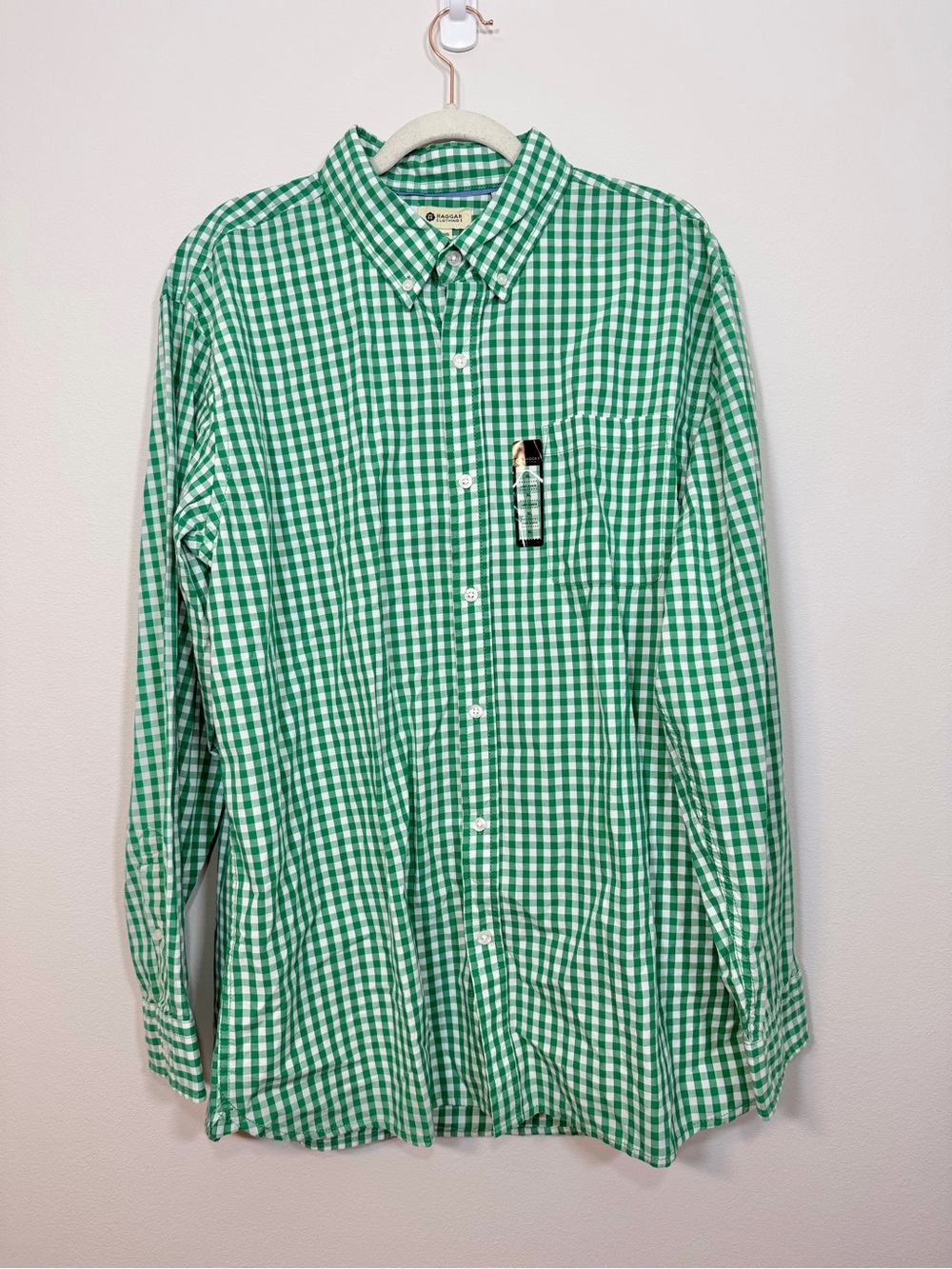 NWT Haggar Shirt Gingham Checkered Button Down Collar Green White Cotton Men XL